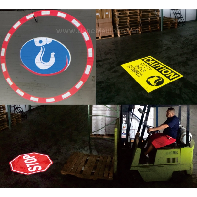 Bốn cảnh chiếu chỉ dẫn an toàn: ký hiệu móc cẩu, biển CAUTION yêu cầu giày bảo hộ, biển STOP và khu vực xe nâng
